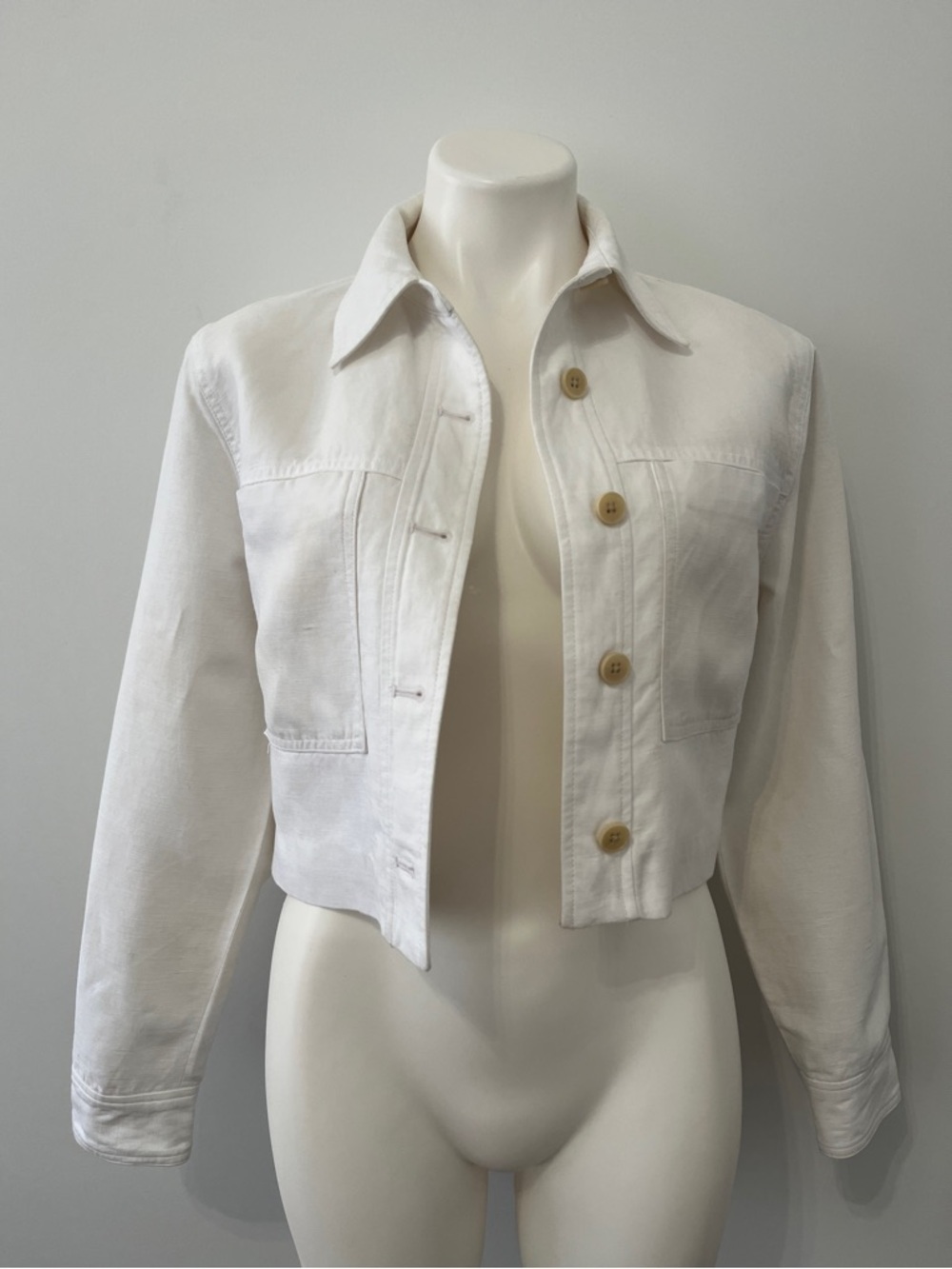 WILFRED Cropped White Denim Jacket with Button Closure